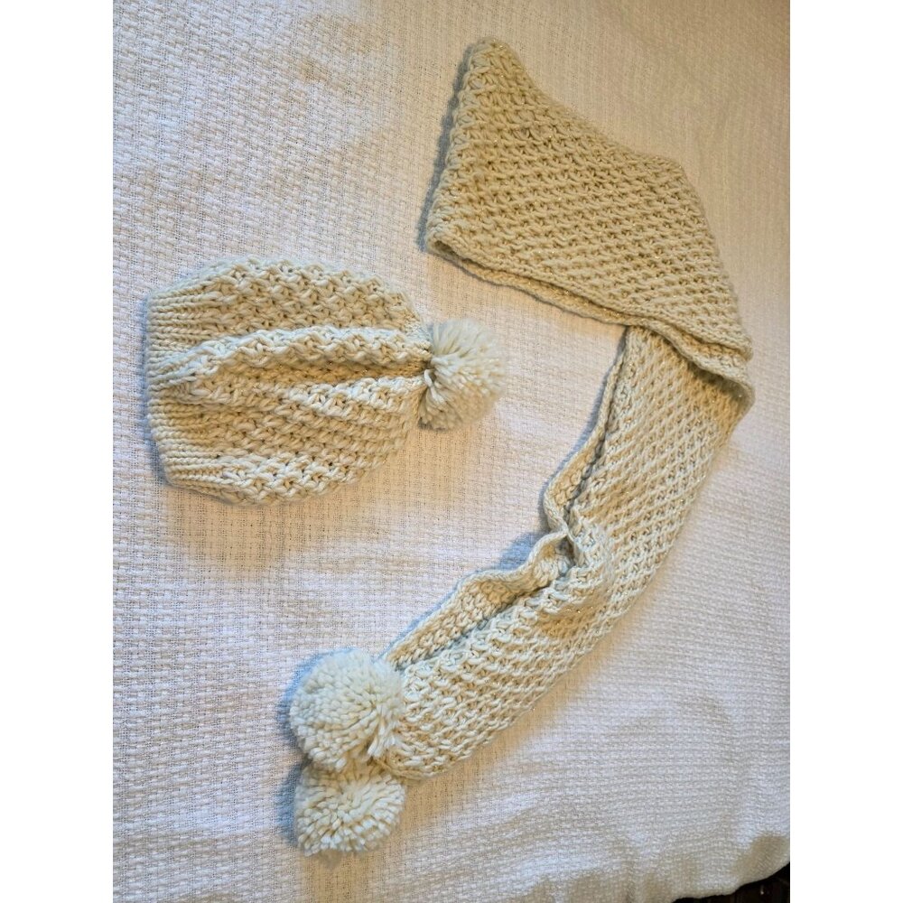 Hand-Knit Cream with Gold Threading Pom-Pom Hat & Skinny Scarf Set